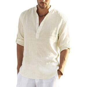 Men's White Cotton Linen Henley Shirt Long Sleeve Hippie Casual Beach T Shirts